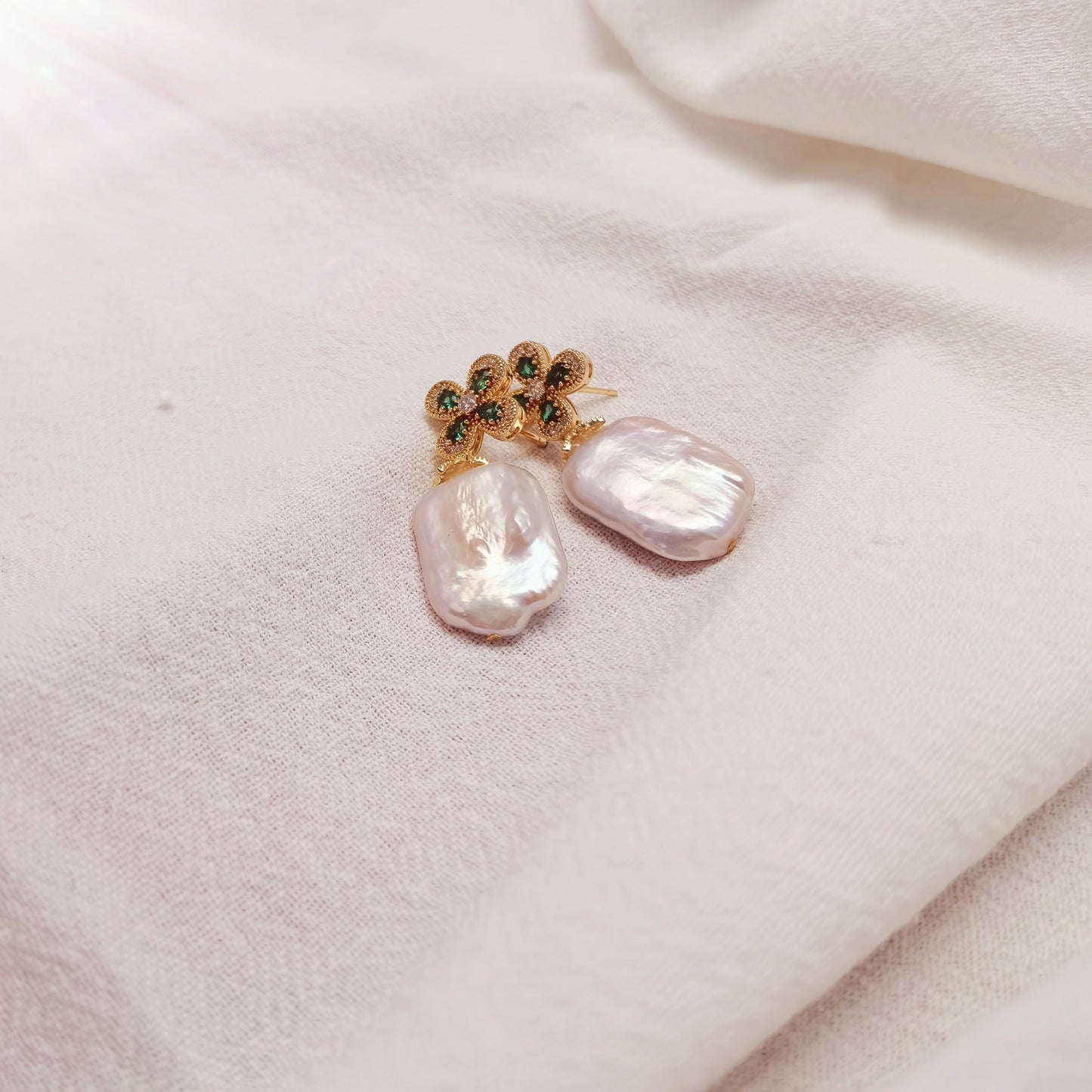 Diamond Four-leaf Clover Baroque Pearl Charm Drop Stud Earrings