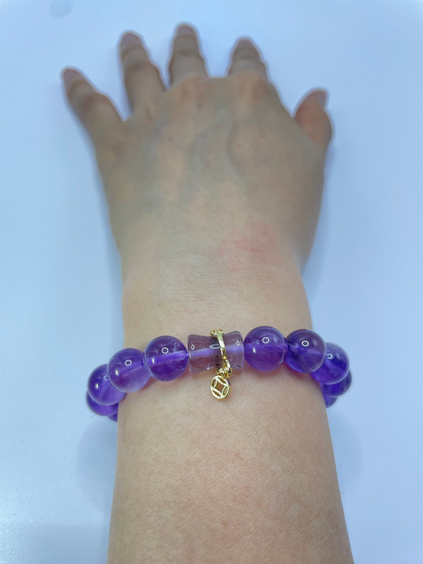 Copper Coin Wealth Amethyst  Gemstone Energy Bracelet 10MM