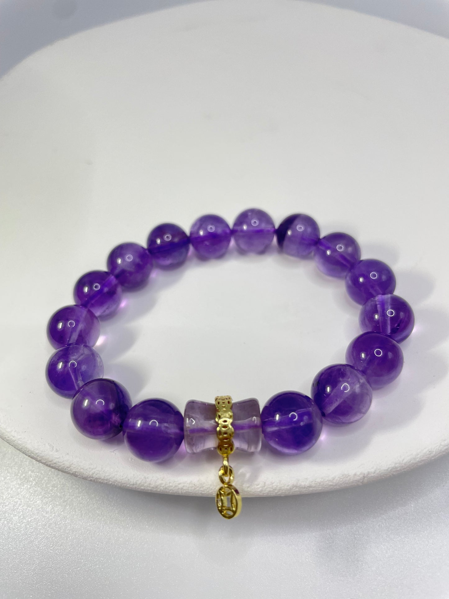 Copper Coin Wealth Amethyst  Gemstone Energy Bracelet 10MM