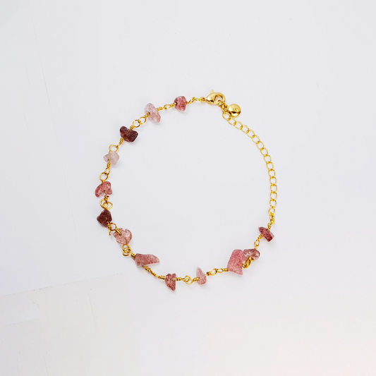 Natural Strawberry Crystal Charm Gold Bracelet