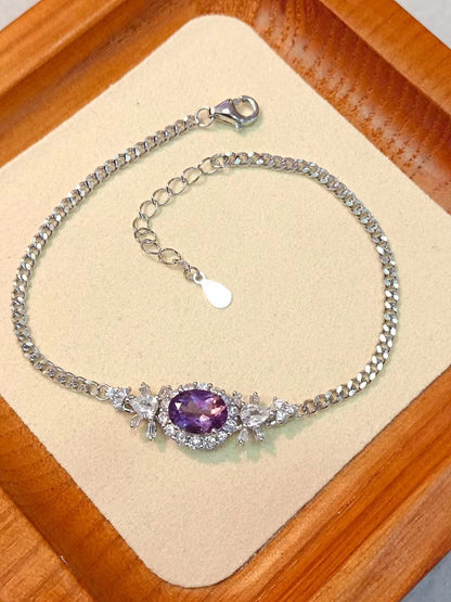 Natural Amethyst Sterling Silver Charm Bracelet in White Gold