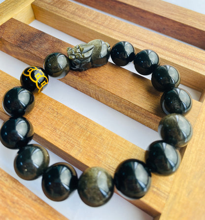 Feng Shui Pixiu Black Gold Obsidian Wealth Energy Bracelet 14MM