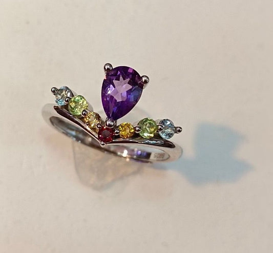 Multi Colorful Crystal Gemstone Energy Crown Ring