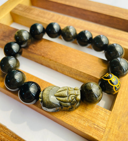 Feng Shui Pixiu Black Gold Obsidian Wealth Energy Bracelet 14MM