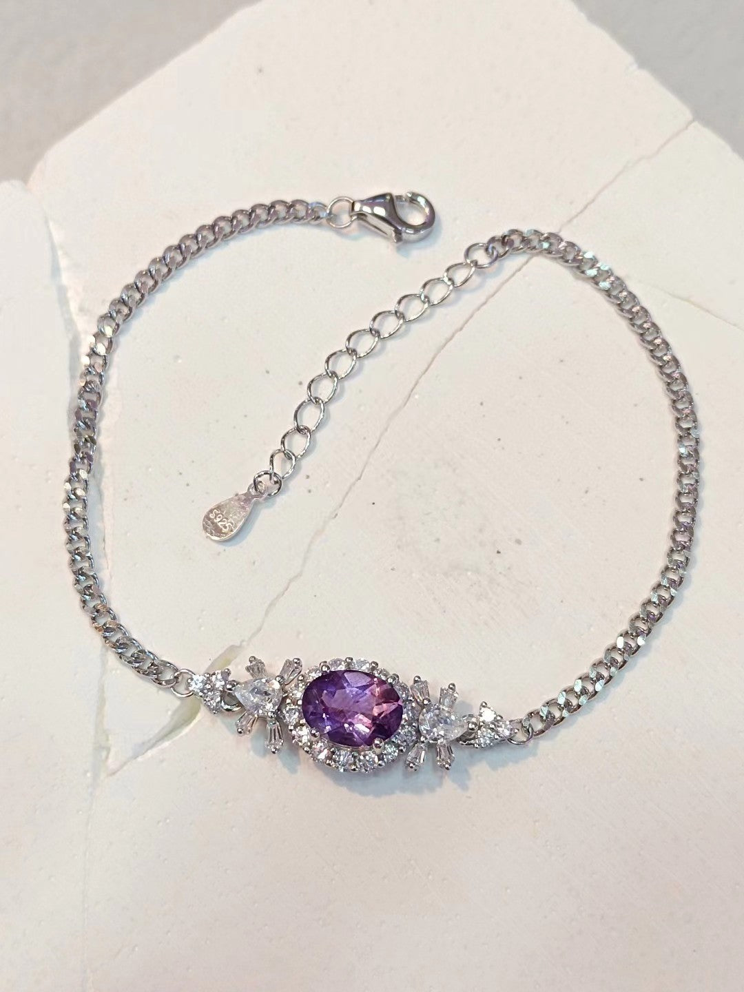 Natural Amethyst Sterling Silver Charm Bracelet in White Gold