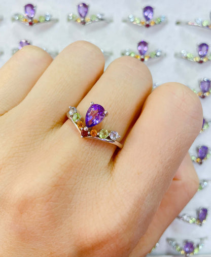 Multi Colorful Crystal Gemstone Energy Crown Ring