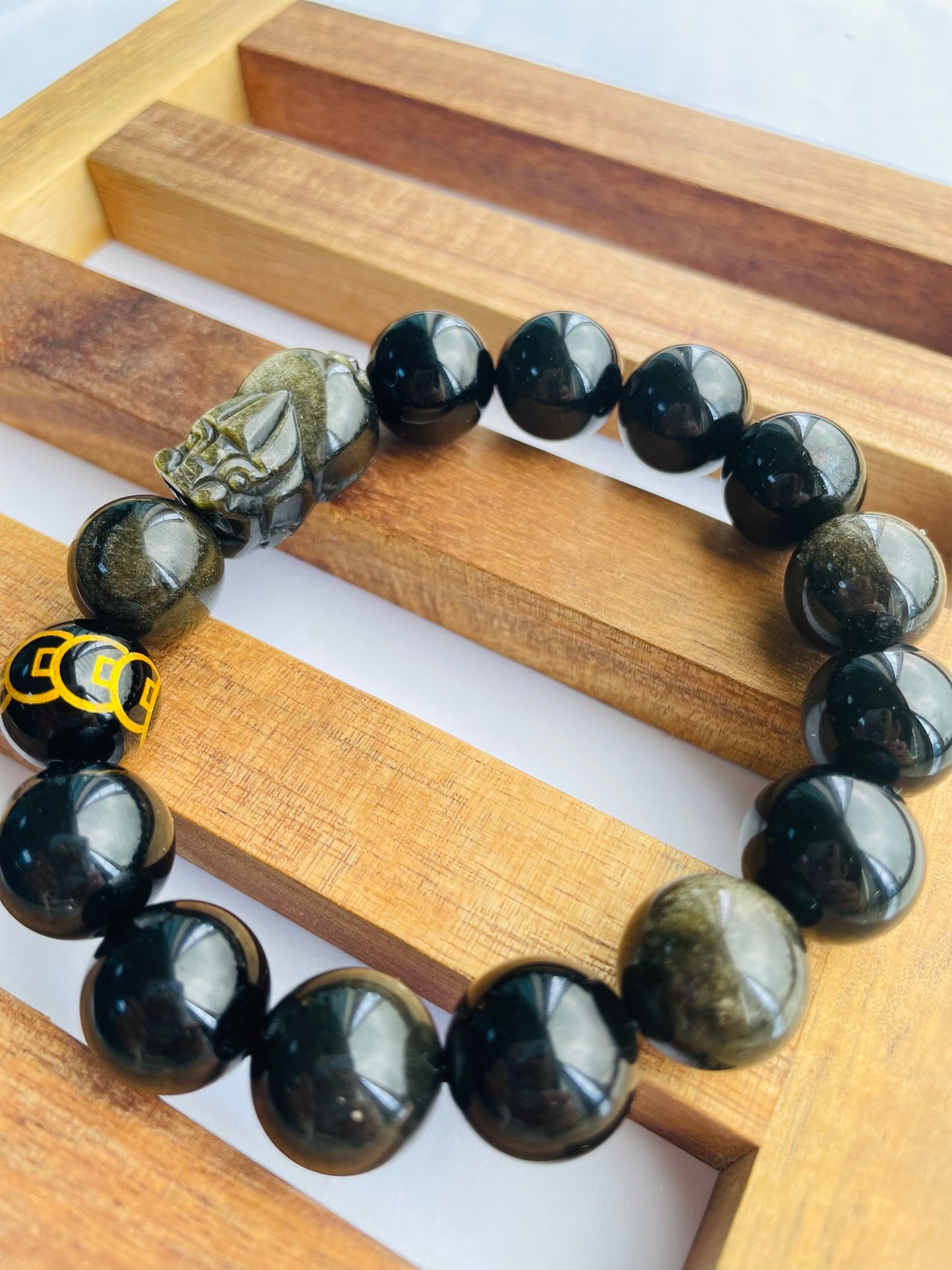 Feng Shui Pixiu Black Gold Obsidian Wealth Energy Bracelet 14MM