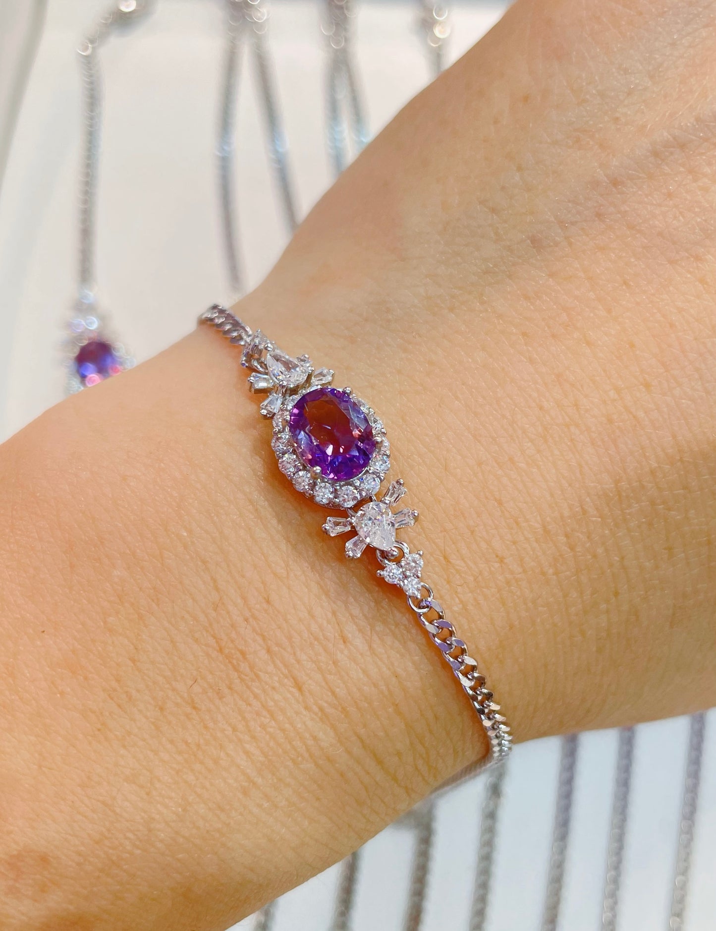 Natural Amethyst Sterling Silver Charm Bracelet in White Gold