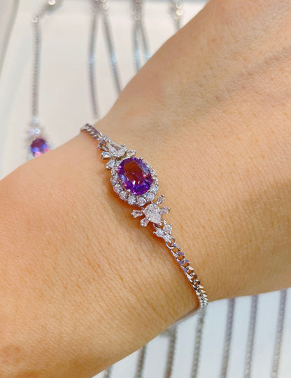 Natural Amethyst Sterling Silver Charm Bracelet in White Gold