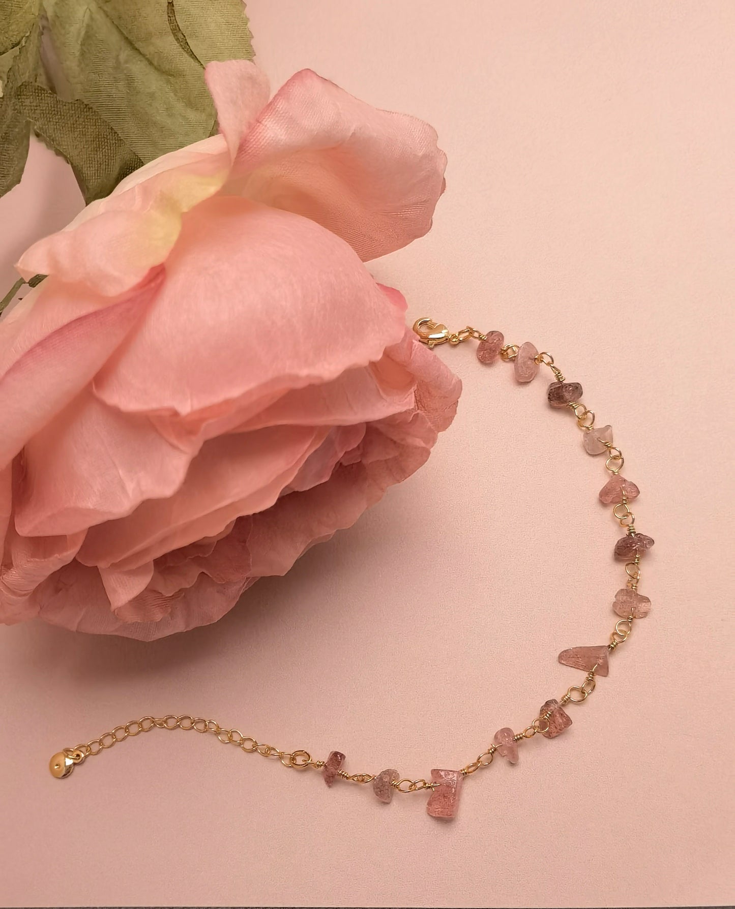 Natural Strawberry Crystal Charm Gold Bracelet