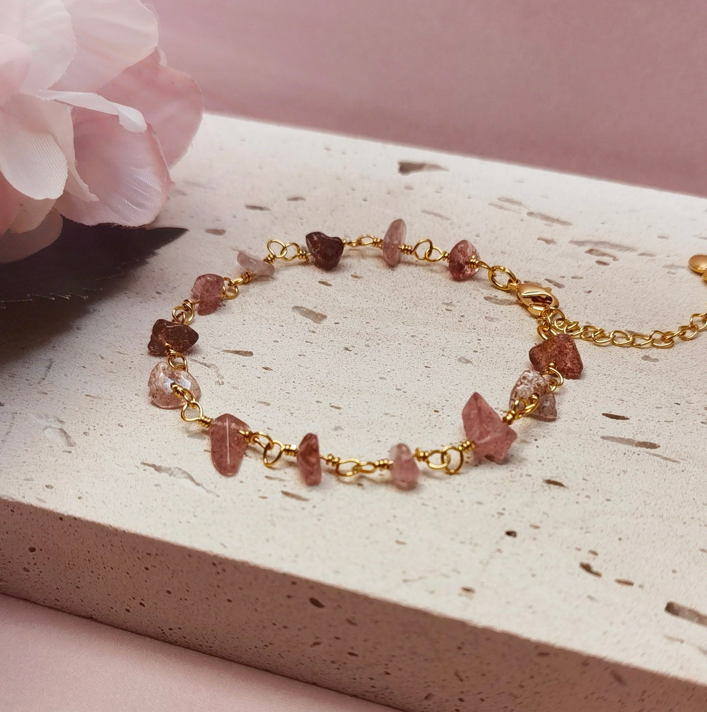 Natural Strawberry Crystal Charm Gold Bracelet