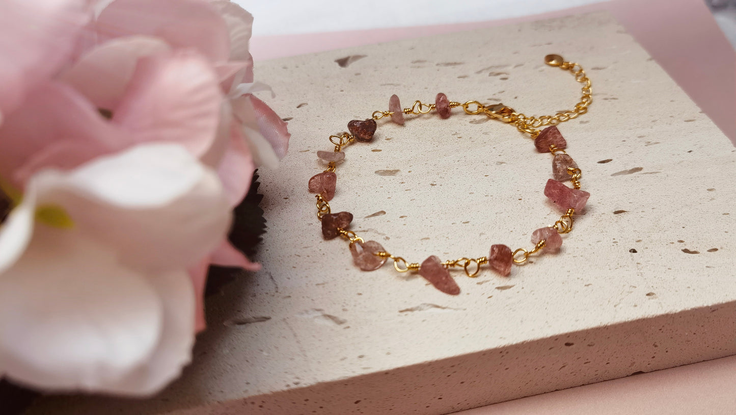 Natural Strawberry Crystal Charm Gold Bracelet