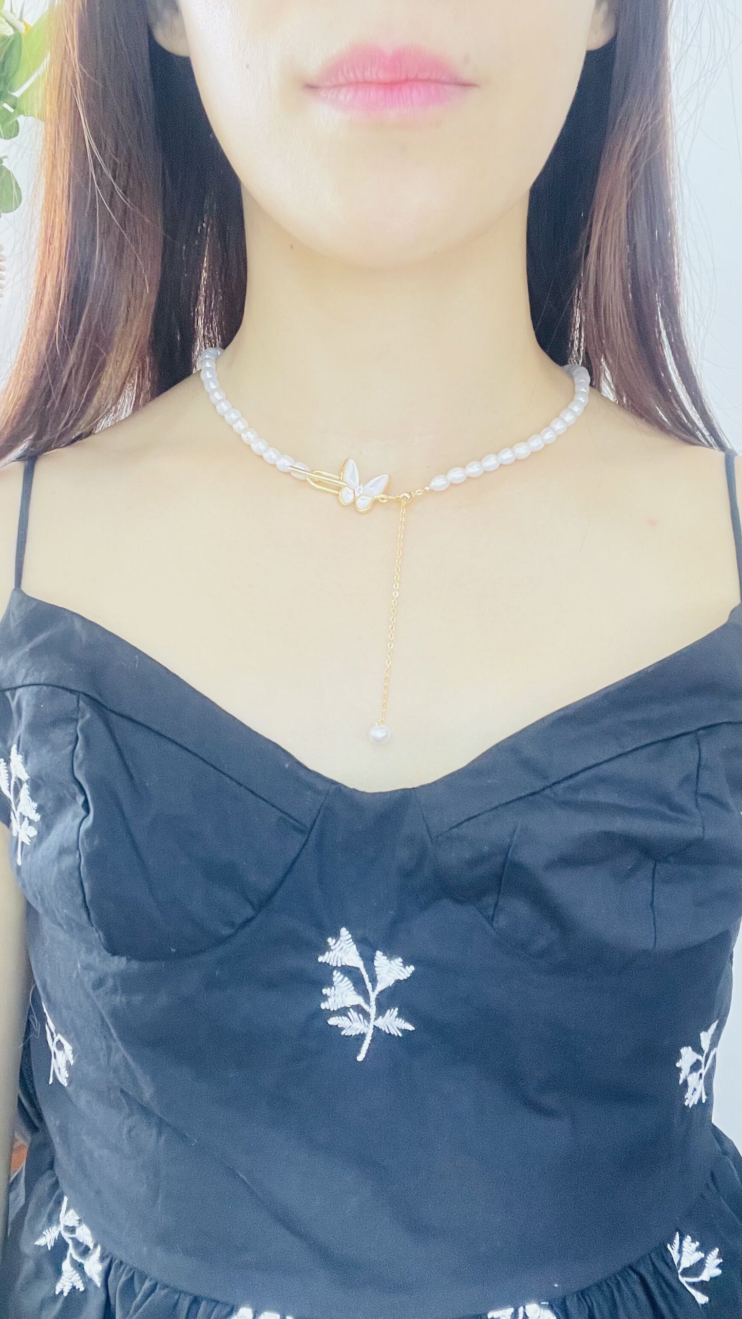 Butterfly Shaped Pendant Freshwater Pearl Drop Charm Choker Necklace