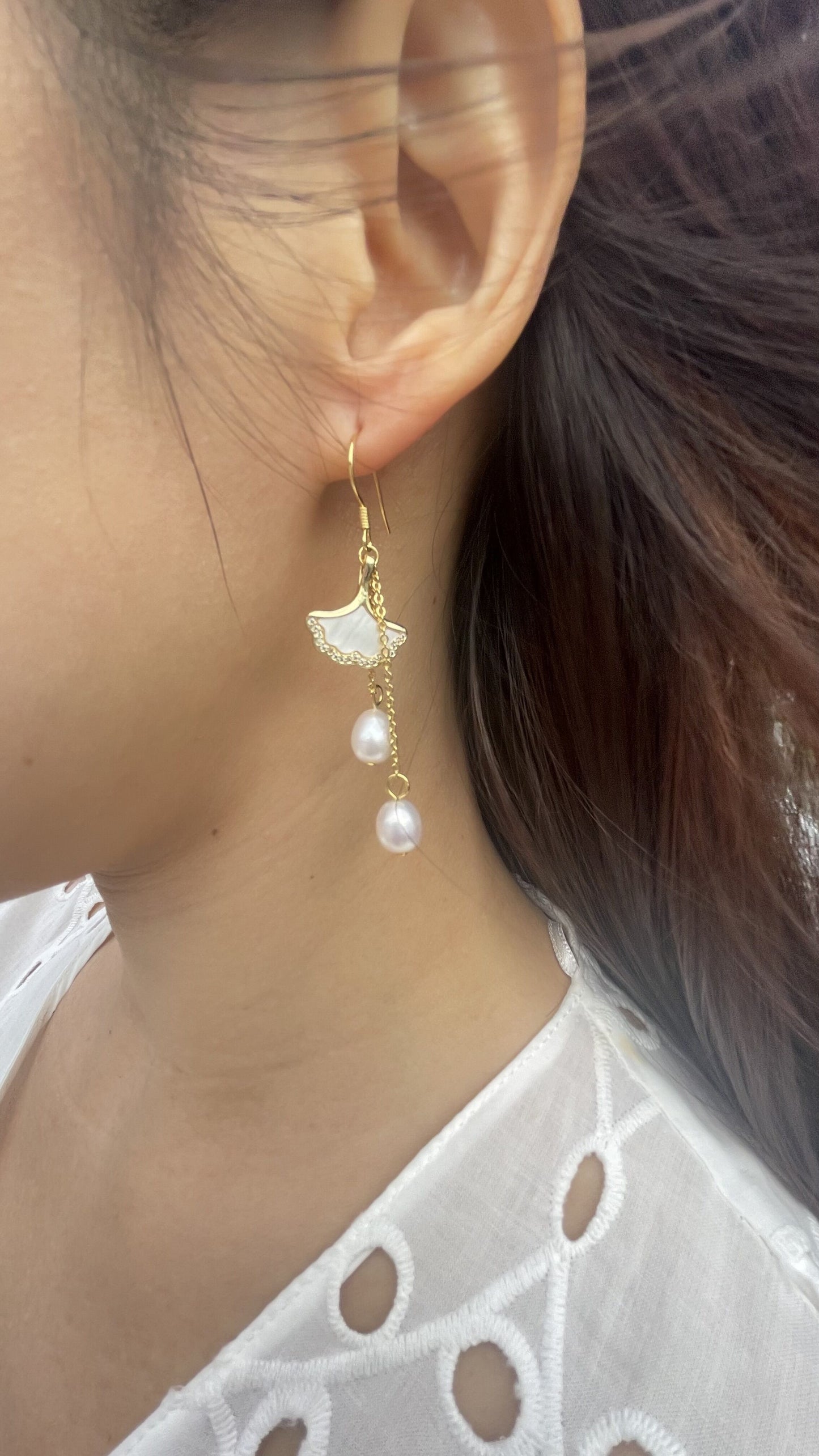 Maple Leaf shape Mother of Pearl with Freshwater Pearl Earrings