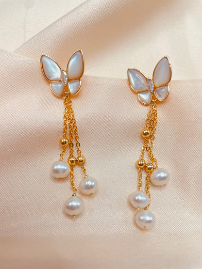 Butterfly Shaped Mother of Pearl with Freshwater Pearl Charm Drop Earrings