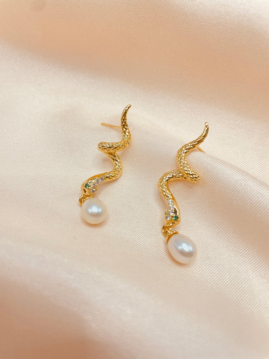 Snake Shaped Freshwater Pearl Charm Stud Earrings